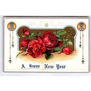 A Happy New Year Postcard Embossed Roses Flowers Antique Vintage Santway 146